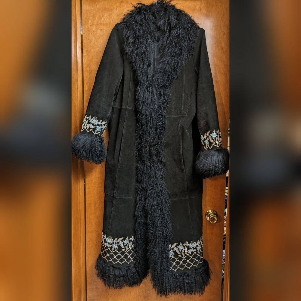Mongolian fur trim suede penny lane afghan coat